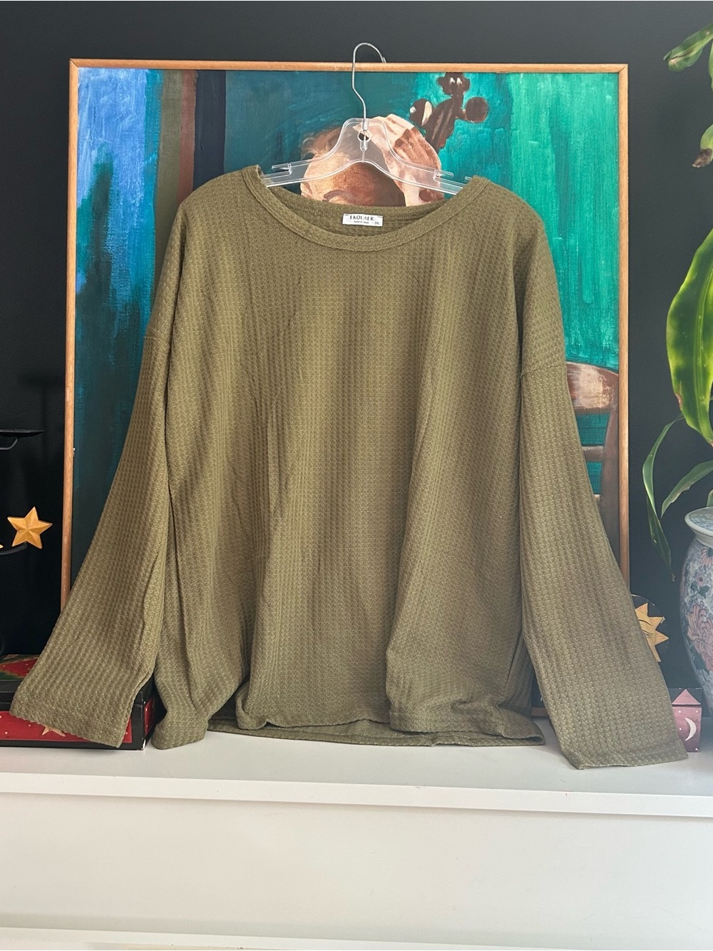 Ekouaer Olive Green Waffle Knit Long Sleeve Top Plus Size 2XL